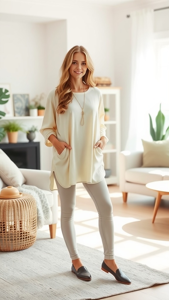 A model showcasing a breezy tunic with dark leggings and comfortable shoes in a cozy living room setting.