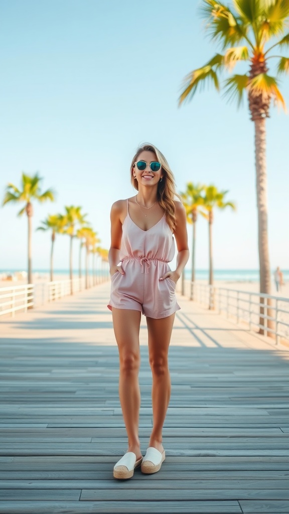 A woman wearing a light pink romper and espadrilles walking on a wooden boardwalk lined with palm trees.