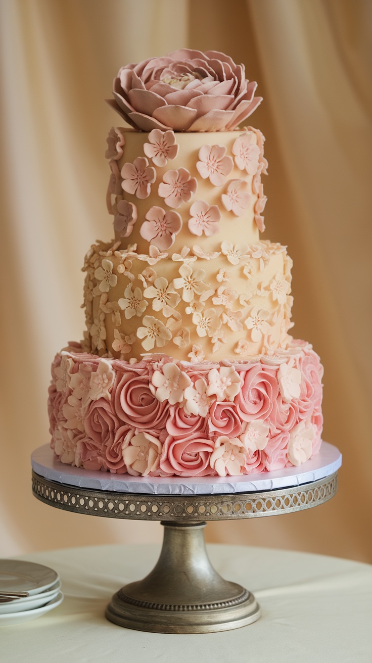 A three-tiered floral fondant cake with pastel colors, featuring intricate flower designs and a large rose on top.