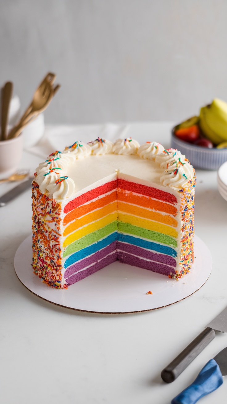 A colorful rainbow layer cake with bright layers and sprinkles, cut to show the inside.
