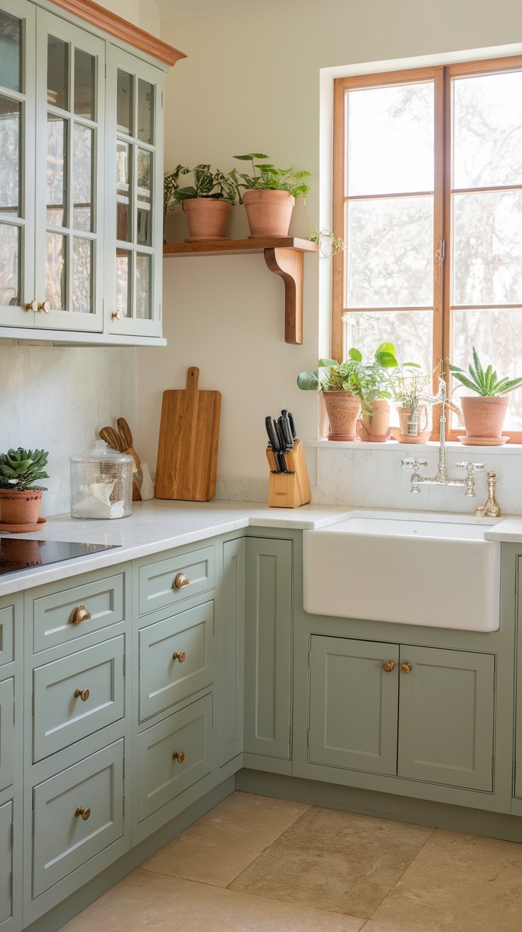A kitchen with soft sage green cabinets, light wood accents, and plants on the windowsill.