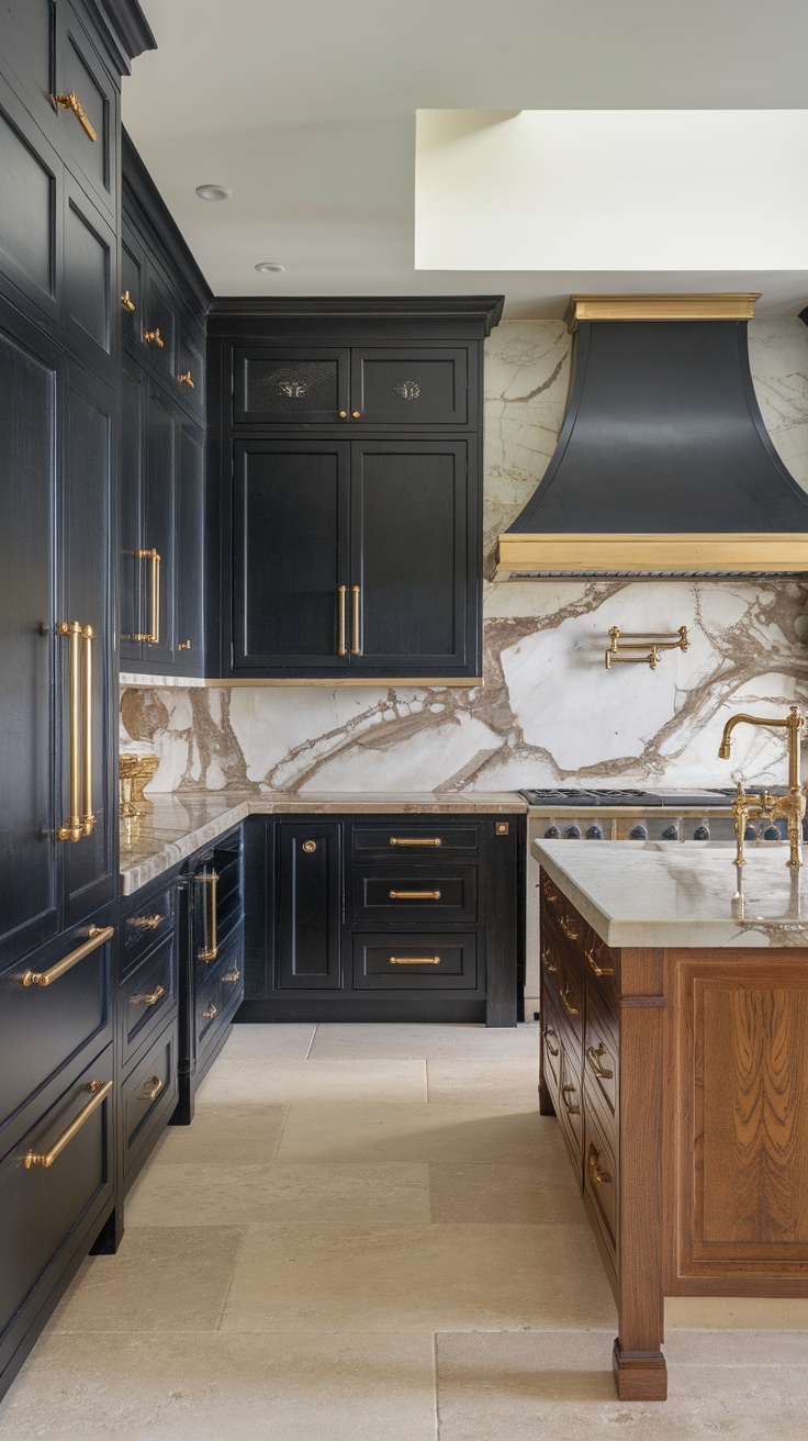 Elegant kitchen featuring classic black cabinets with gold accents