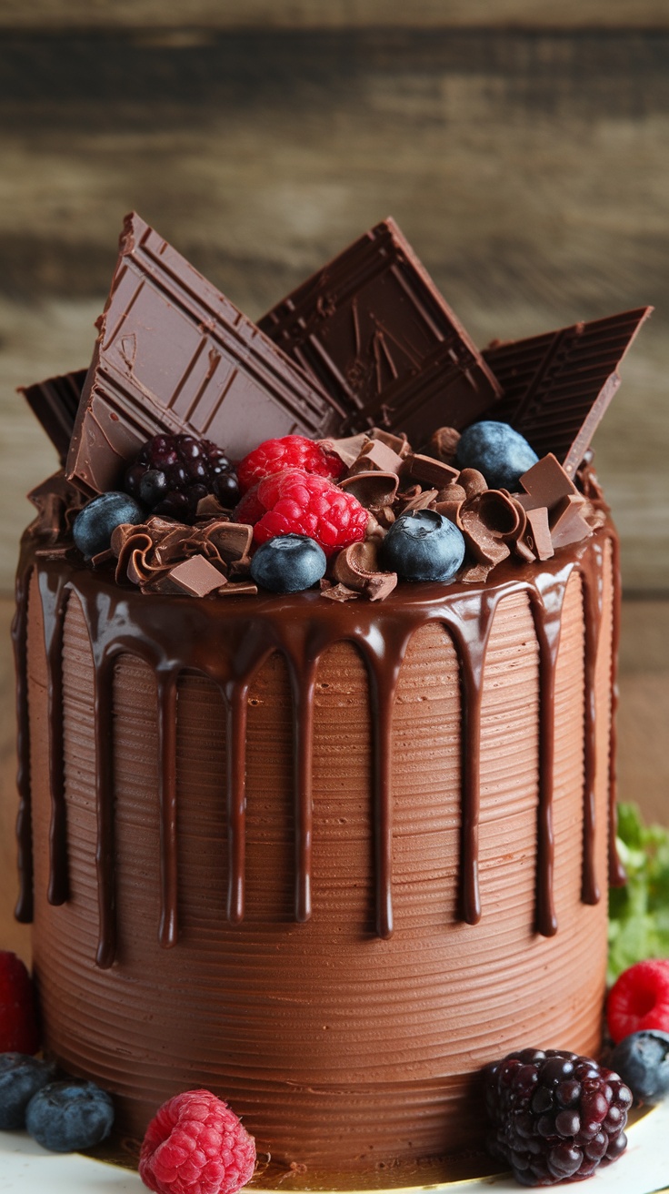 A beautifully decorated classic chocolate drip cake topped with chocolate shards and fresh berries.