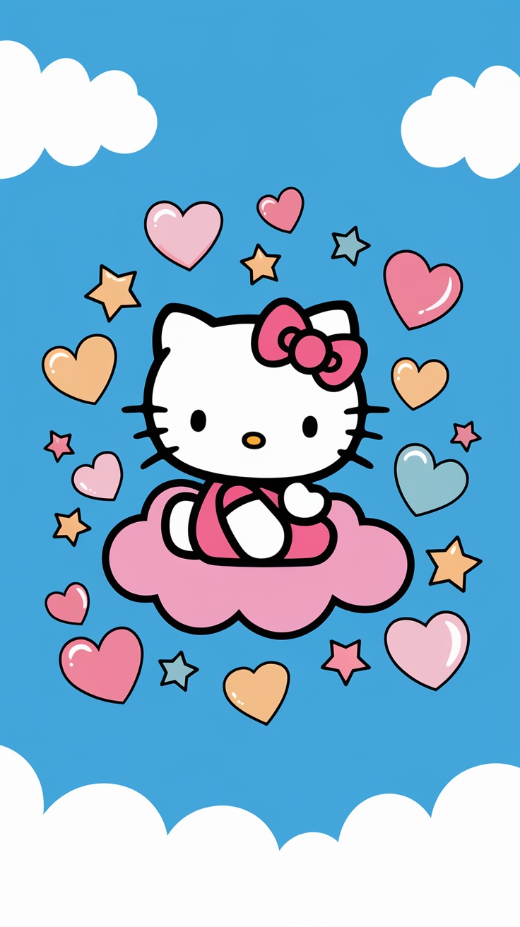 Hello Kitty sitting on a pink cloud surrounded by hearts and stars on a blue background