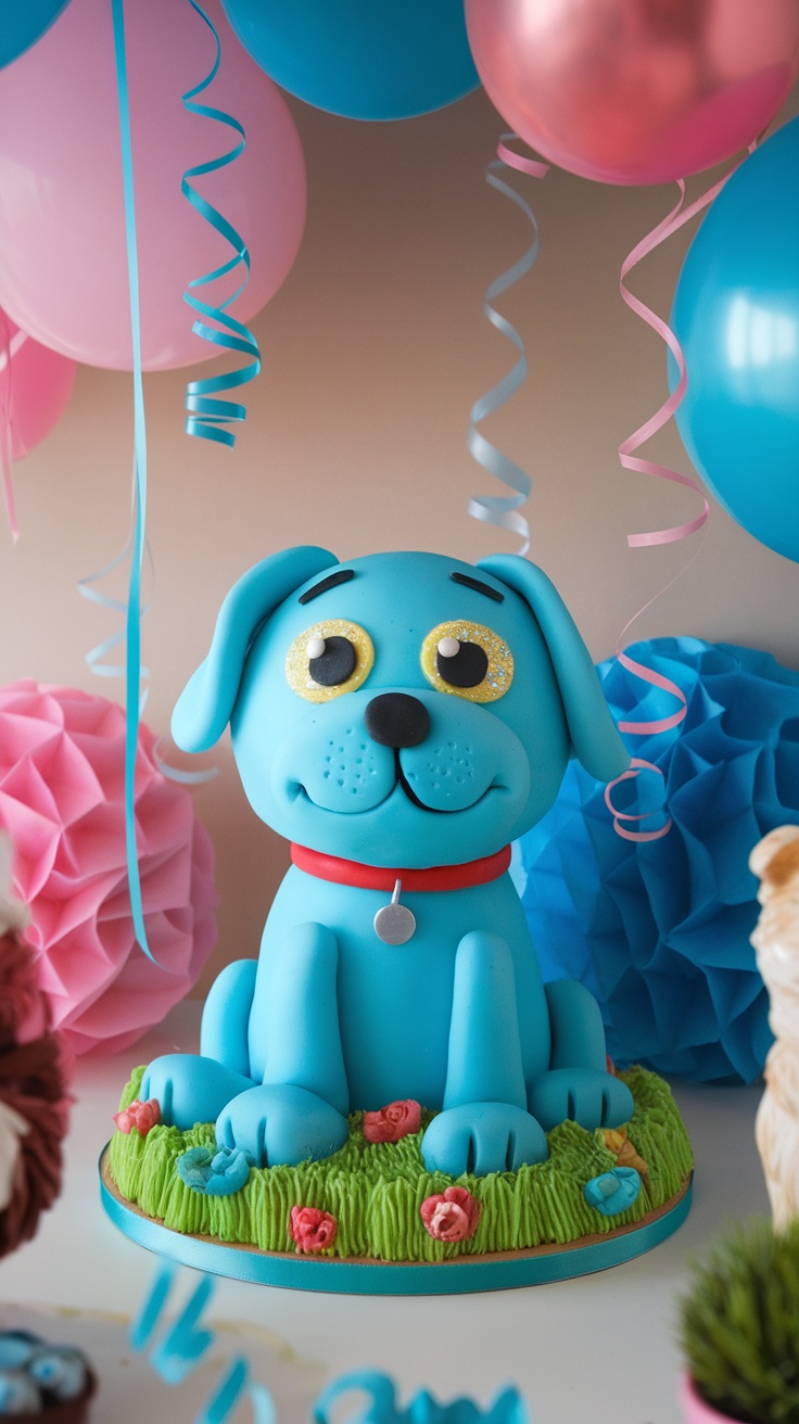 A blue puppy cake with big eyes, decorated with flowers and grass, surrounded by colorful balloons.