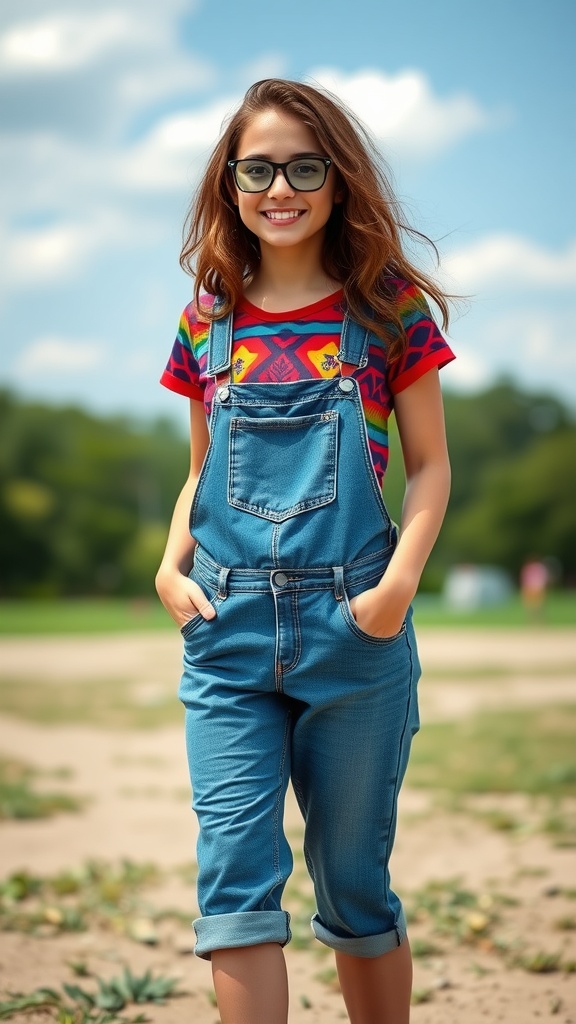 A young girl wearing denim overalls and a bright floral tee, smiling outdoors.