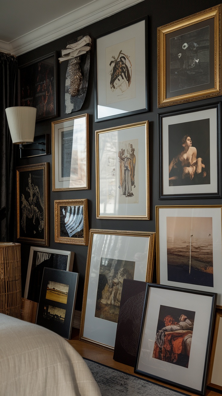 Eclectic wall art collection in a cozy bedroom setting