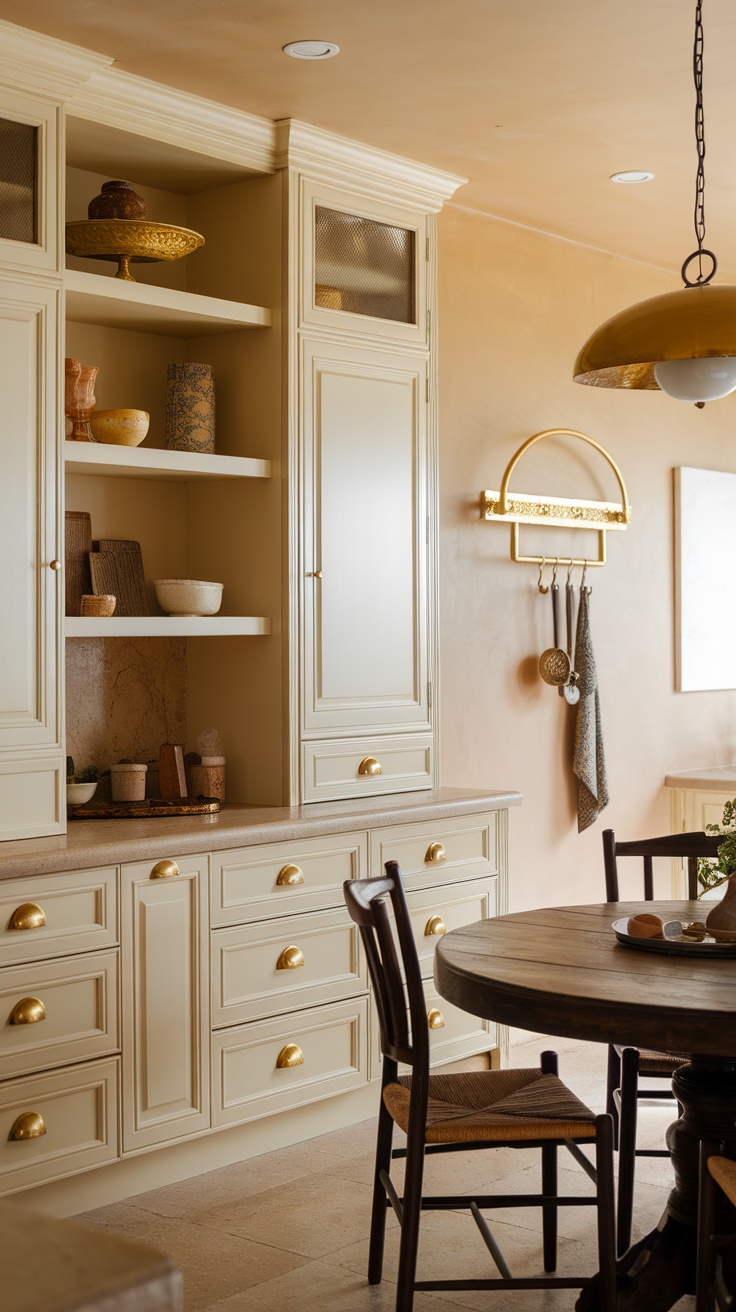 Elegant kitchen featuring creamy beige cabinets and gold hardware, with open shelving displaying decorative items.