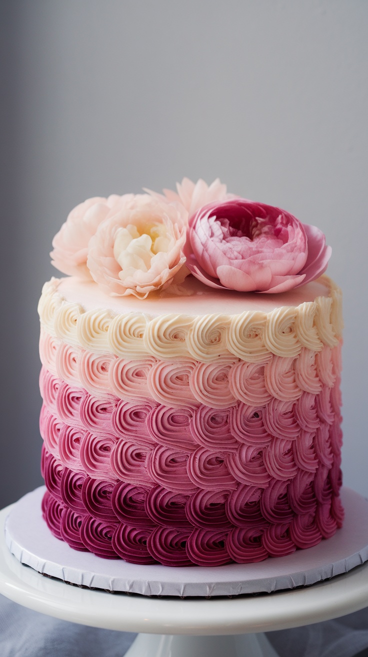 Ombre buttercream cake with pink gradient and flowers on top