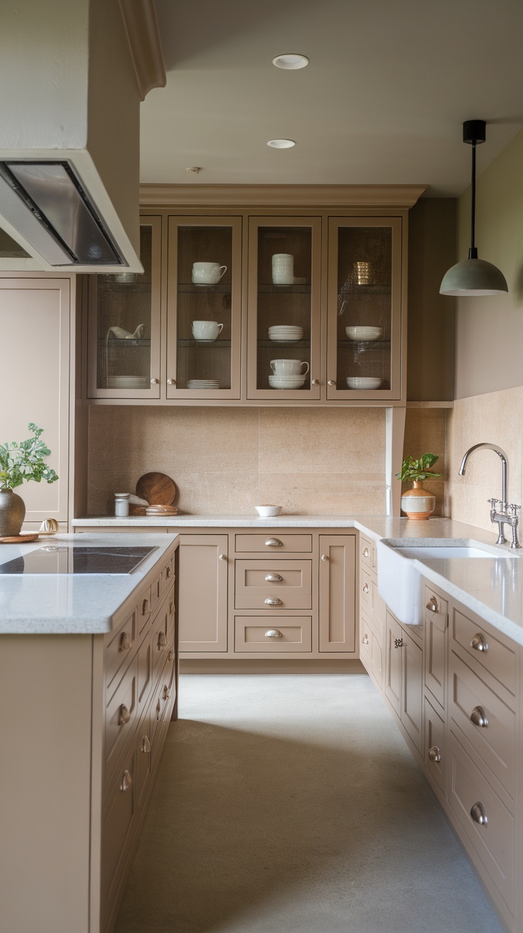 Elegant kitchen with warm taupe cabinets and natural light