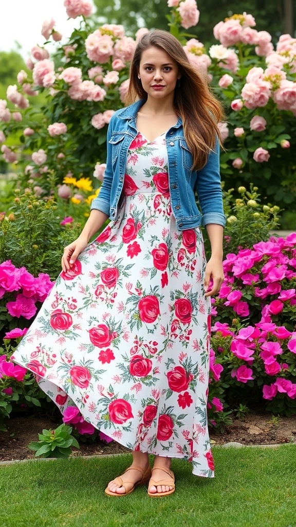 A woman wearing a floral maxi dress with a denim jacket standing in a garden filled with pink roses and flowers.