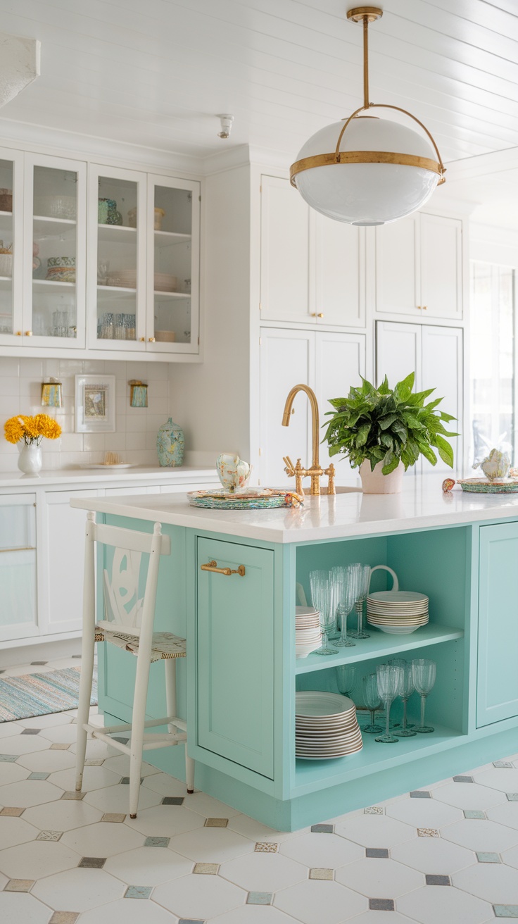 A bright kitchen featuring fresh light aqua cabinets with a white countertop and decor elements.