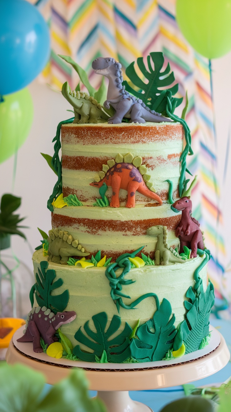 A multi-tiered dinosaur themed birthday cake decorated with green buttercream and fondant dinosaurs and leaves.