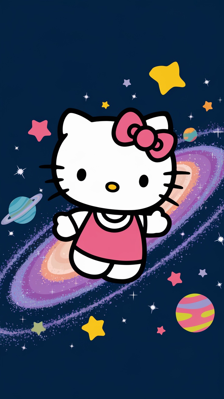 Galaxy Hello Kitty with a pink outfit and space-themed background