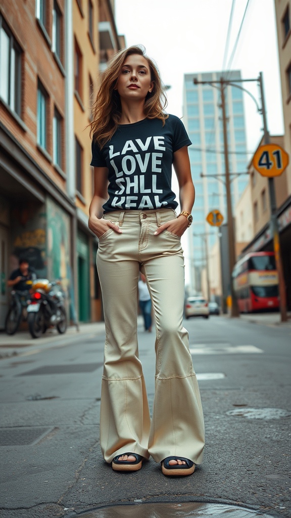 A young woman wearing a graphic tee with bold text and flared pants, standing on a city street.