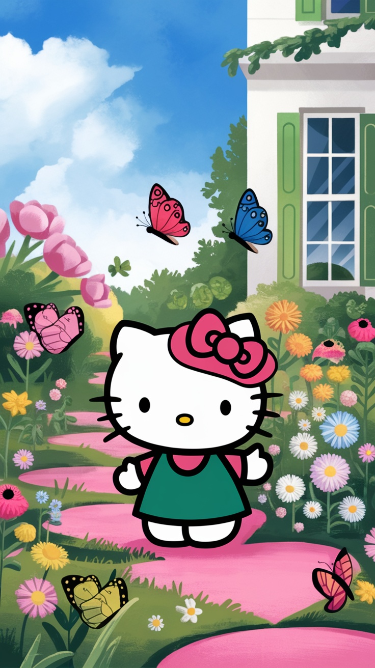 Hello Kitty in a colorful garden with flowers and butterflies