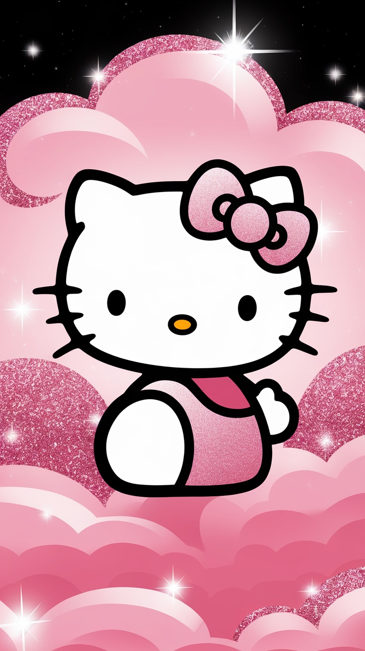 Hello Kitty with a pink bow surrounded by glittery clouds