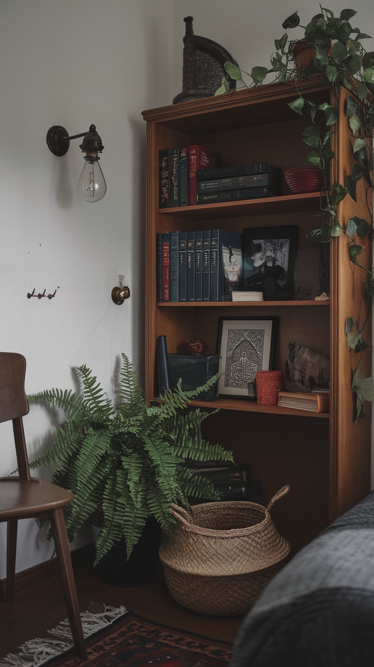 A cozy dark academia bedroom featuring a wooden bookshelf filled with books, framed art, and lush green plants.