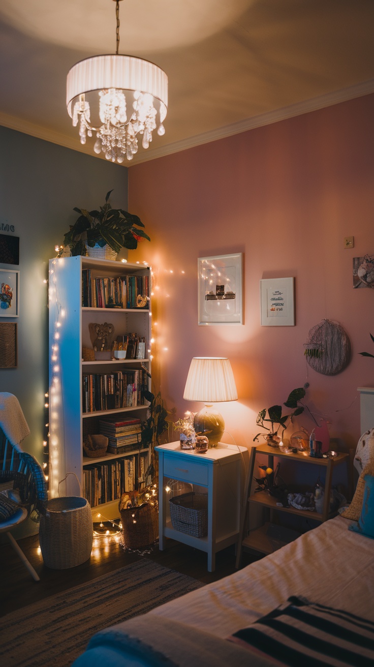 A cozy dark academia bedroom with layered lighting, featuring a chandelier, bedside lamp, and string lights on a bookshelf.