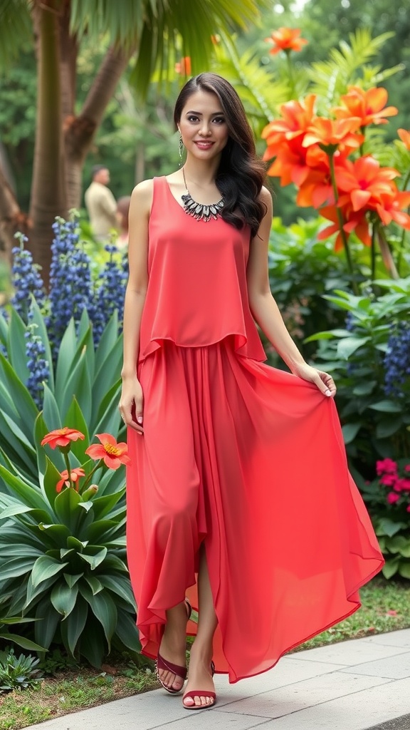 A woman wearing a layered tank top and midi skirt, standing in a garden filled with colorful flowers.