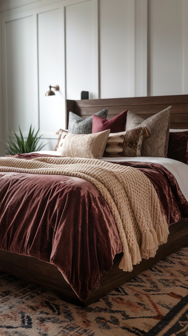 A cozy dark academia bedroom featuring layered textiles, including a velvet duvet, decorative pillows, and a knitted throw blanket.