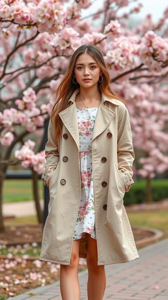 Model wearing a lightweight trench coat over a floral sundress, standing in front of blooming cherry blossoms.
