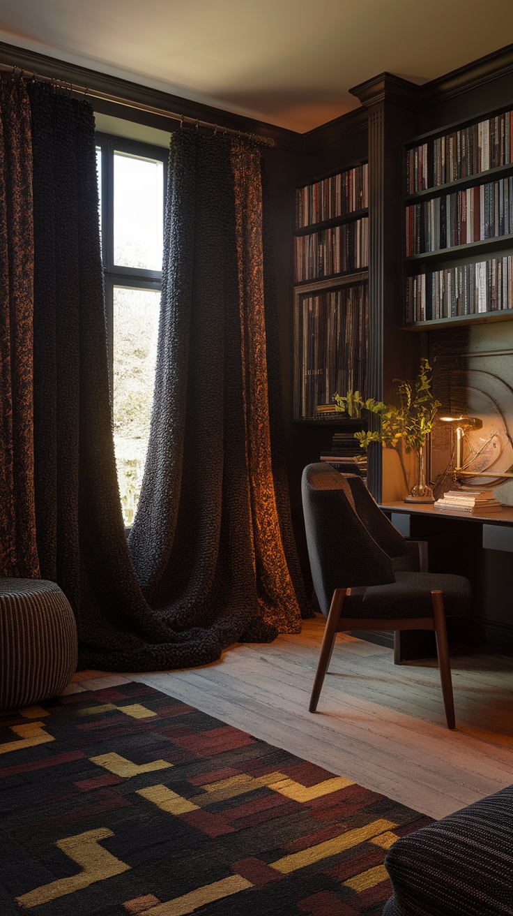 A cozy dark academia bedroom with deep curtains, a geometric rug, and a desk.