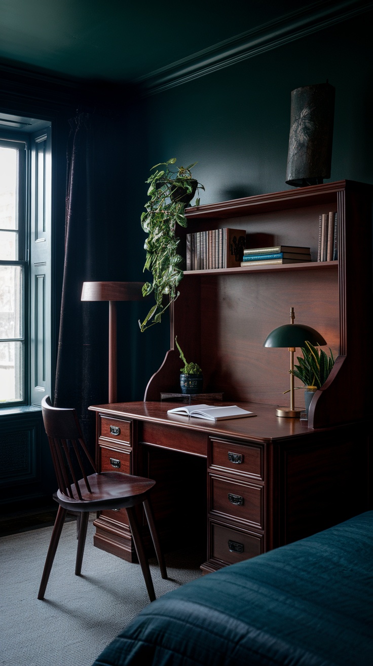 A cozy dark academia bedroom with dark green walls, wooden furniture, and plants, creating an inviting atmosphere.