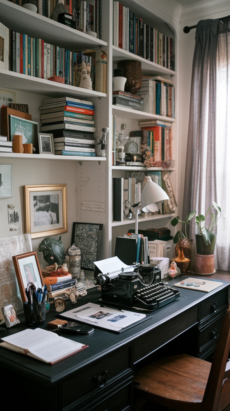 A cozy dark academia desk space featuring a vintage typewriter, books, decorative items, and soft lighting.
