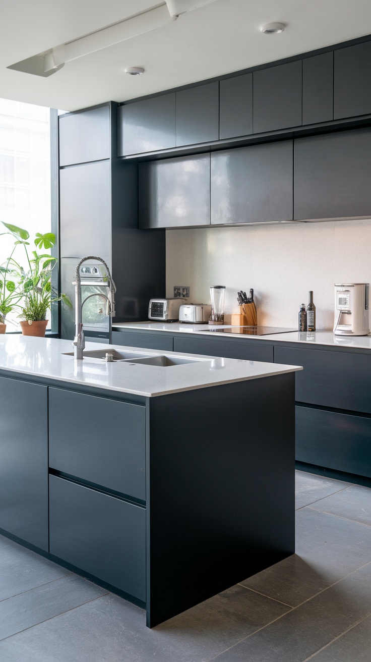 A modern kitchen featuring rich charcoal gray cabinets with a sleek design, complemented by light countertops and greenery.