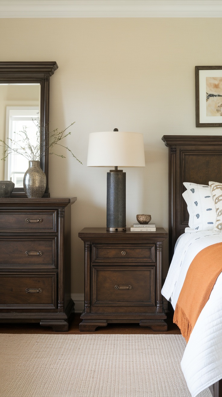 A cozy bedroom featuring rich wooden furniture including a nightstand and dresser.