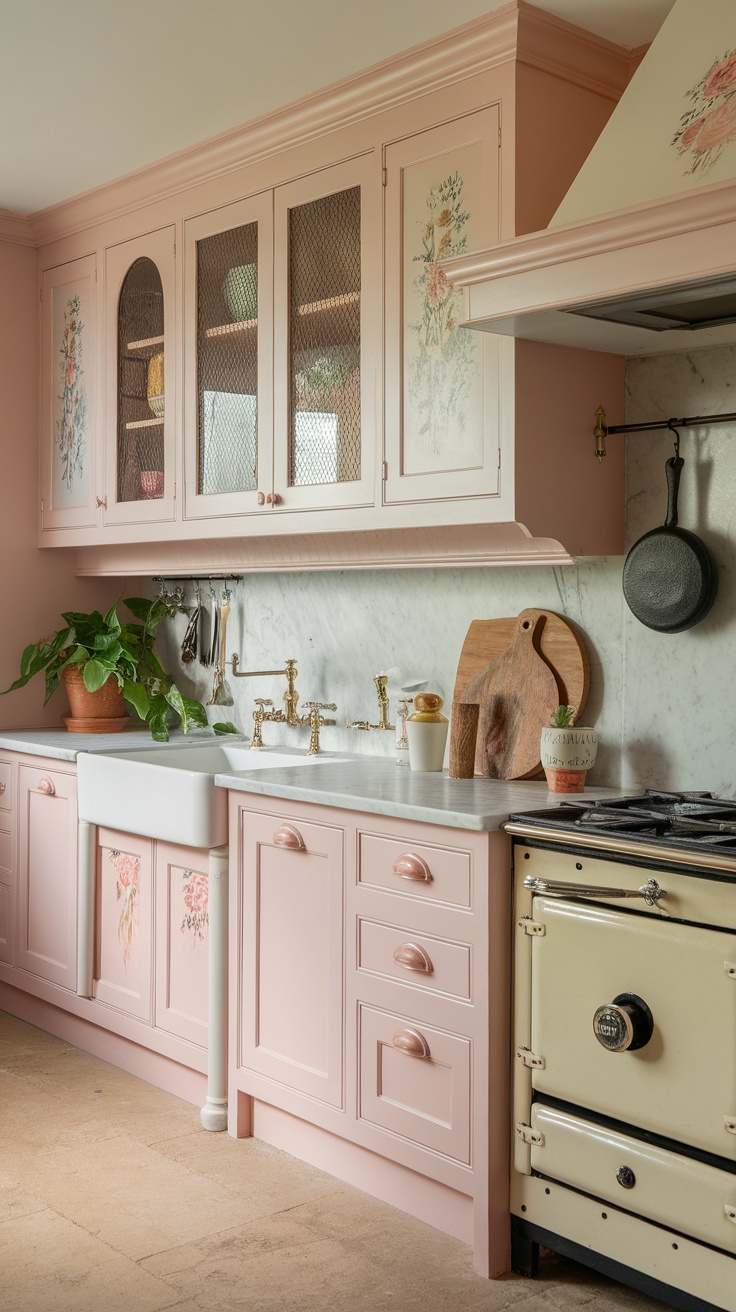 A kitchen with soft blush pink cabinets, floral designs, a marble countertop, and a potted plant.