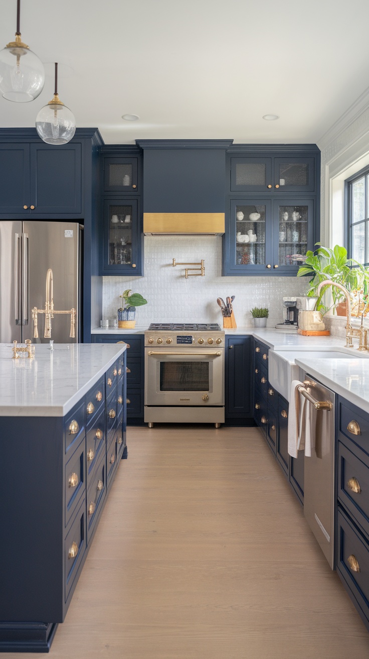 A kitchen featuring sophisticated navy blue cabinets with gold hardware and marble countertops.