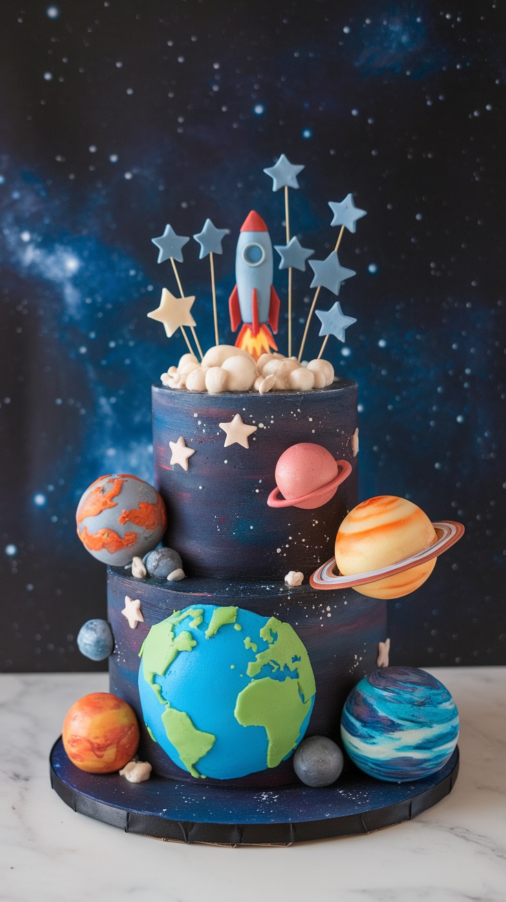 A two-tiered Space Exploration Cake decorated with a rocket, planets, and stars against a galaxy background.