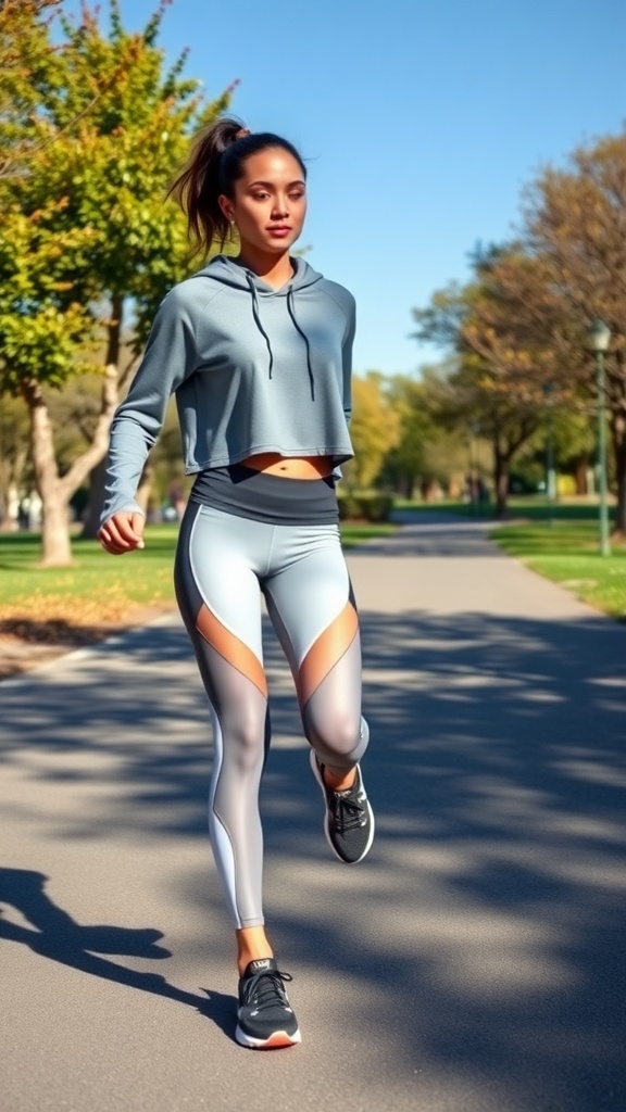 A woman jogging in a sporty athleisure outfit featuring a cropped hoodie and colorblocked leggings.