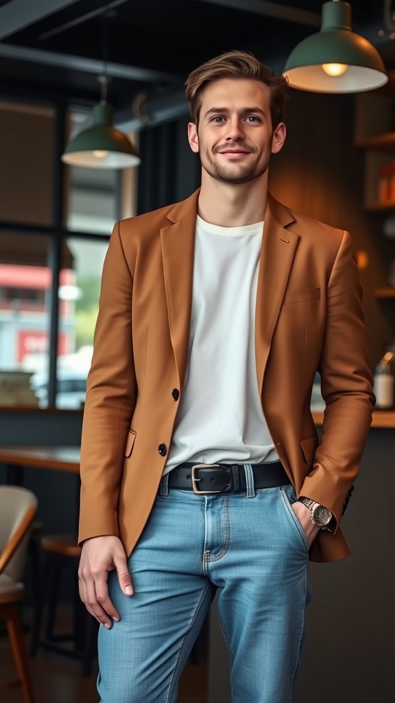 A man in a stylish blazer over a casual outfit, smiling in a modern setting.