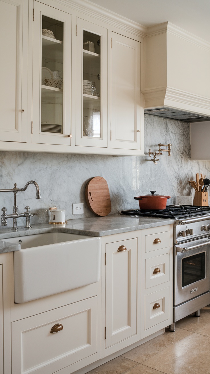 A kitchen featuring timeless white shaker style cabinets, marble backsplash, and a farmhouse sink.