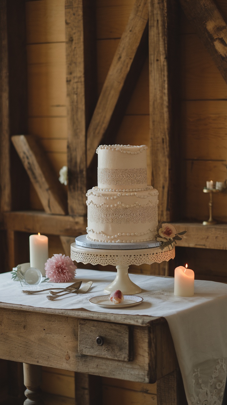 A two-tiered vintage lace and pearl birthday cake displayed on a wooden table with candles and flowers.