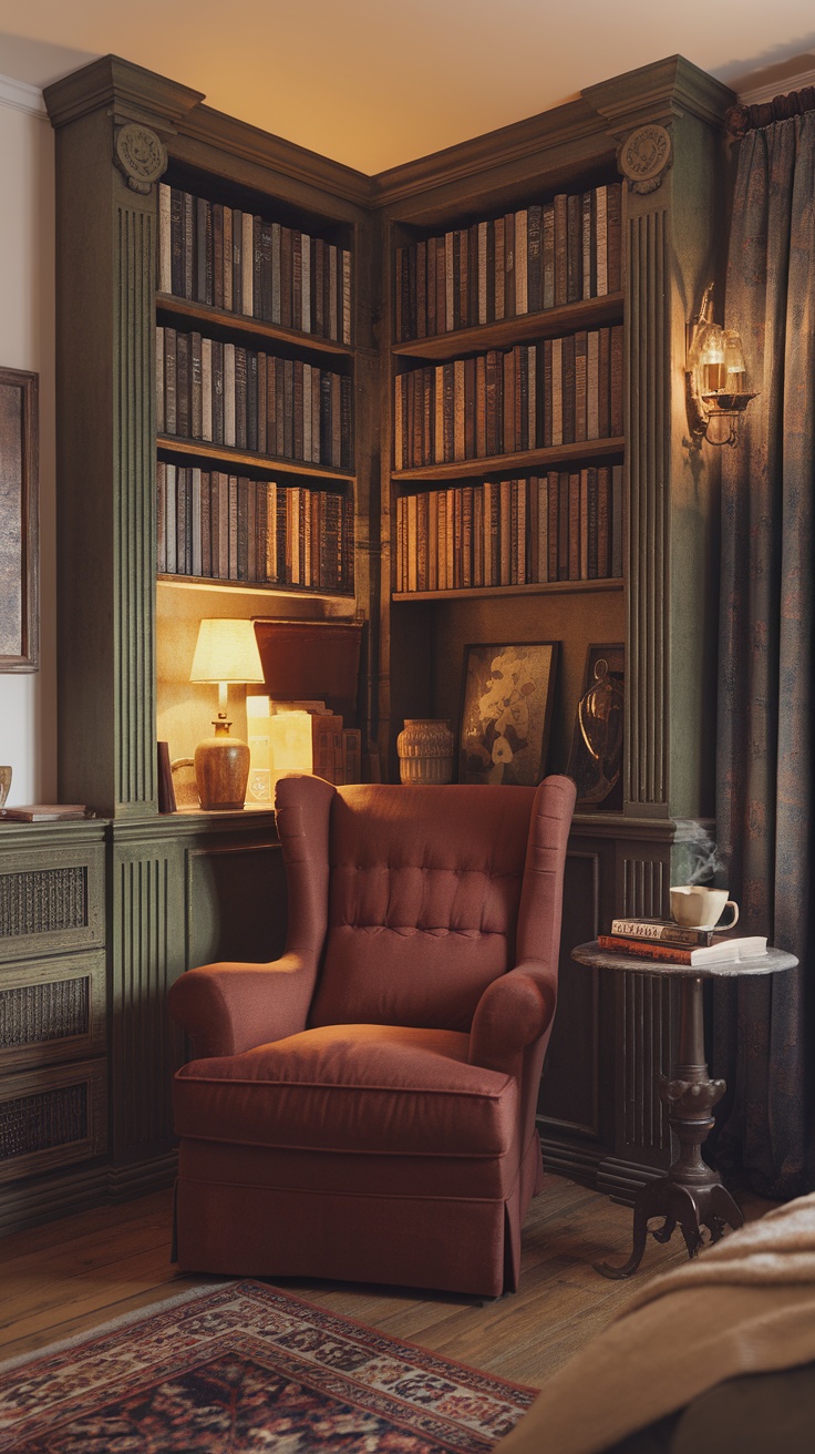 Cozy vintage library corner with bookshelves, a comfortable armchair, and warm lighting
