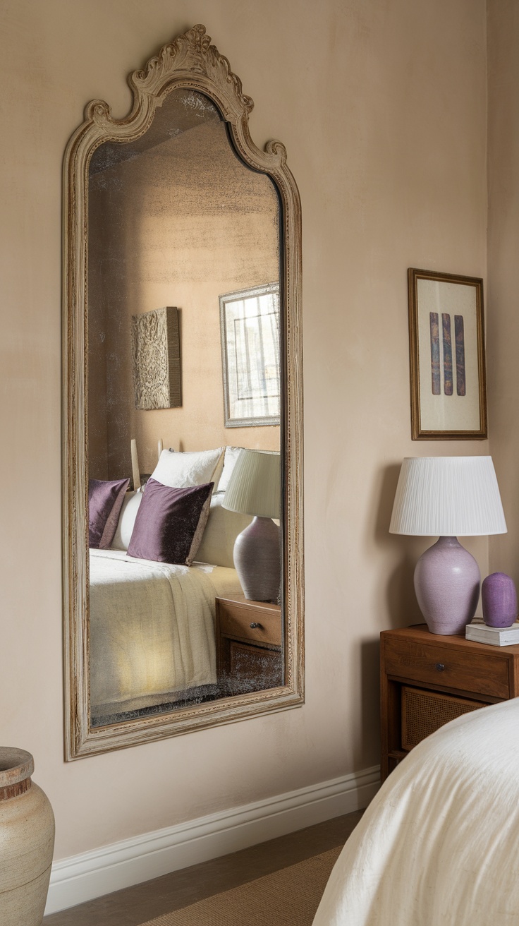 A vintage ornate mirror reflecting a cozy bedroom with soft pillows and tasteful decor.