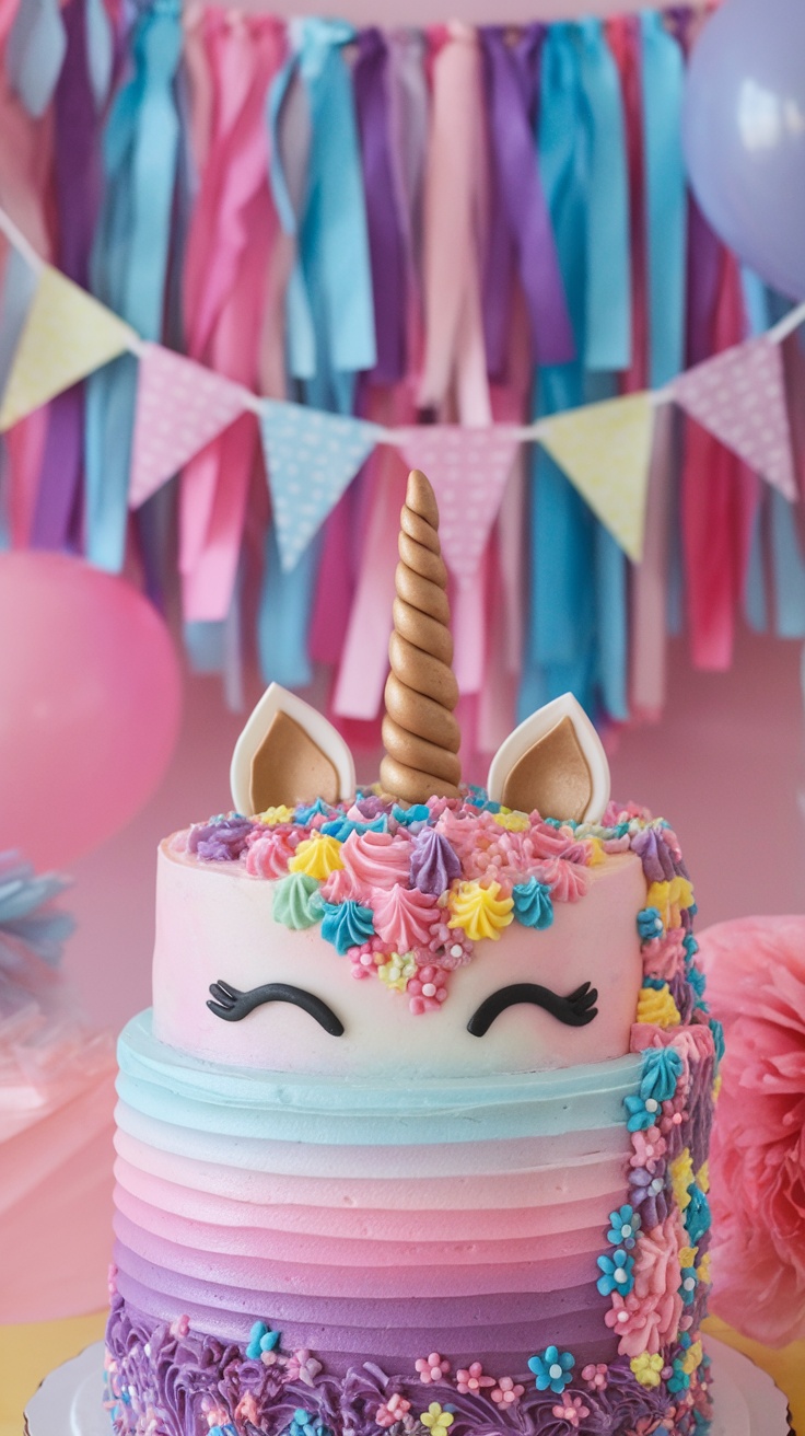 A vibrant unicorn cake with colorful buttercream frosting and a golden horn