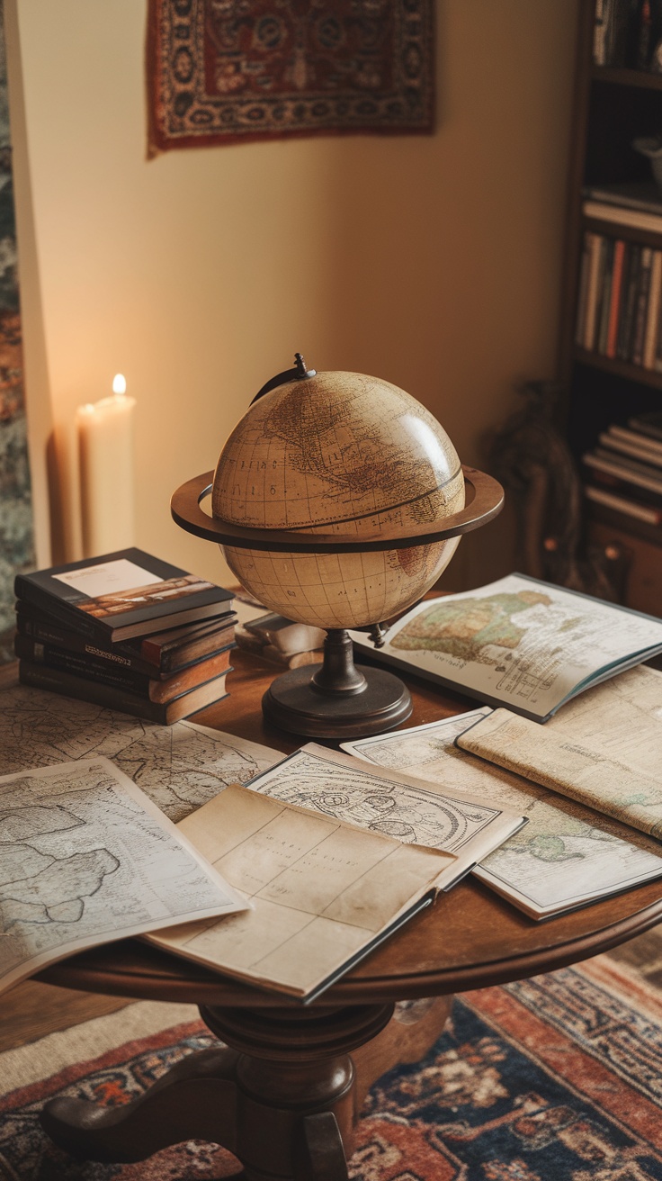 A wooden table with an antique globe, several maps, and books, creating a cozy, scholarly atmosphere.