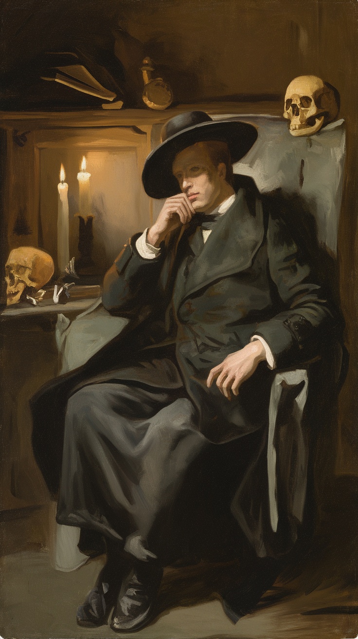 A chiaroscuro portrait of a man in a long coat and hat, sitting pensively amidst dark academia decor.
