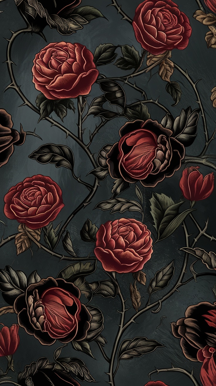 An intricate dark floral pattern featuring red roses and thorny stems on a dark background.