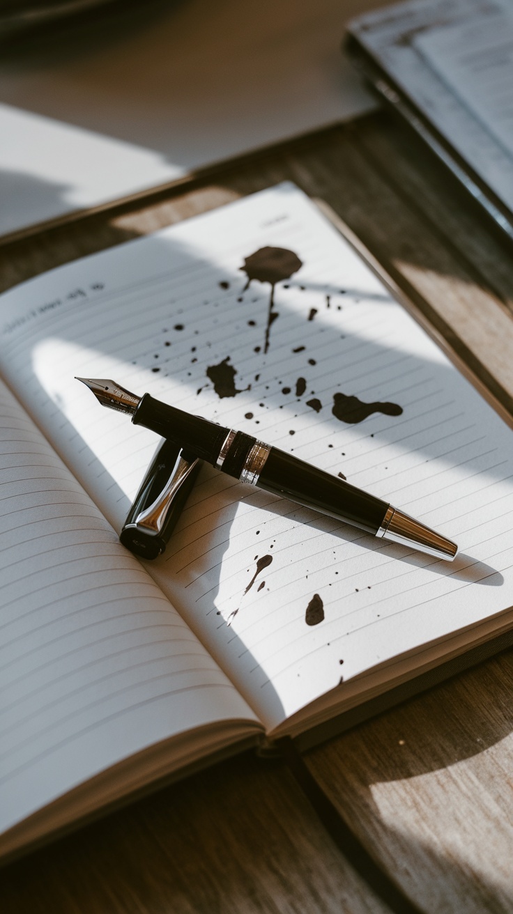 A black fountain pen resting on an open notebook with ink splatters, symbolizing the dark academia aesthetic.