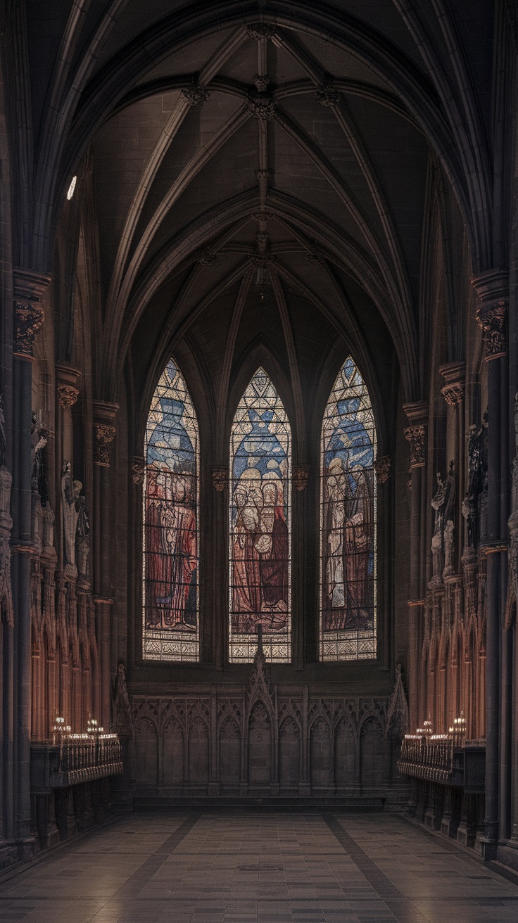 Interior view of a gothic church with stained glass windows and detailed stonework.
