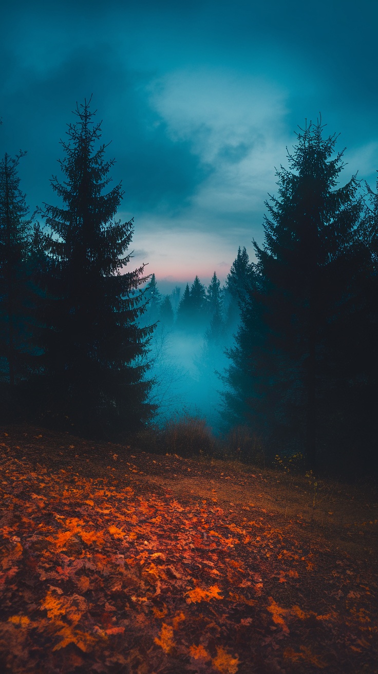 A haunting forest landscape with towering trees, a misty atmosphere, and colorful autumn leaves on the ground.