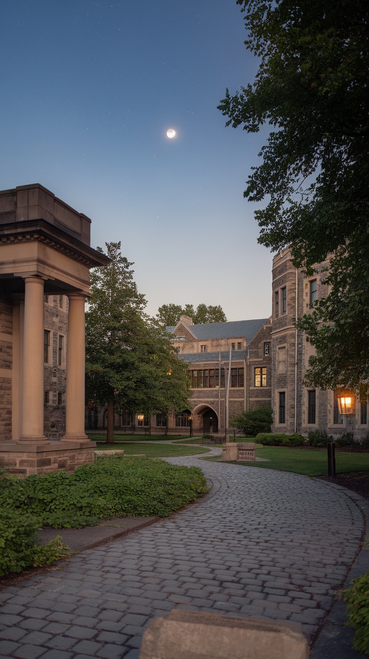 A moonlit campus scene with cobblestone paths, historical buildings, and trees illuminated by soft light.