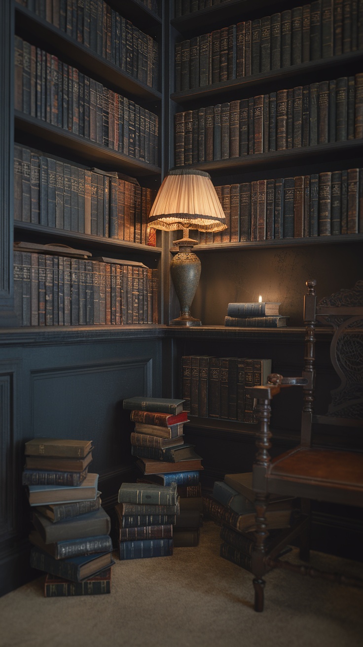 A cozy library corner with shelves of leather-bound books, a lamp, and candles.