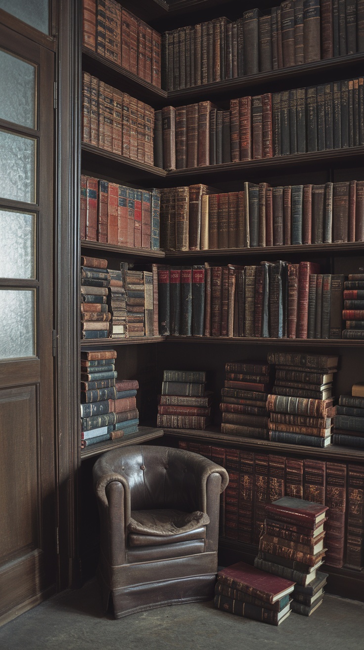 A cozy bookshelf filled with aged philosophical tomes and a vintage armchair.